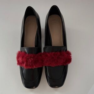 ASOS Black Loafers with Red Fur Accent